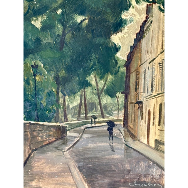 Charming mid-20th-century Parisian street scene by French artist André Chochon (1910–2005). Painted in oil on artist...