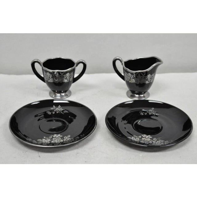 Vintage Rockwell Silver Co. Black Amethyst Glass Creamer & Sugar Set with Sterling Silver Overlay - 2 Pc Set. Listing...