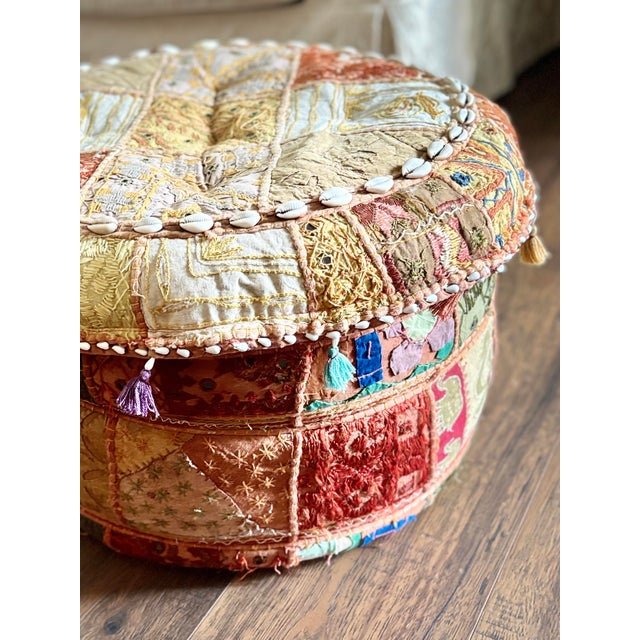 Mid-Century Modern Pouf India Khambadiya Colorful Patchwork Stool - Shells Mirrors Abc Furniture Boho Chic For Sale - Image 3 of 12