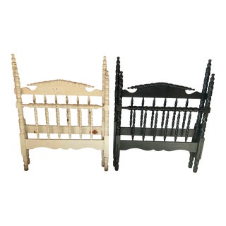 Antique Jenny Lind Spindle Turned Wood Twin Bed Frames With Original Paint - Set of 2 For Sale