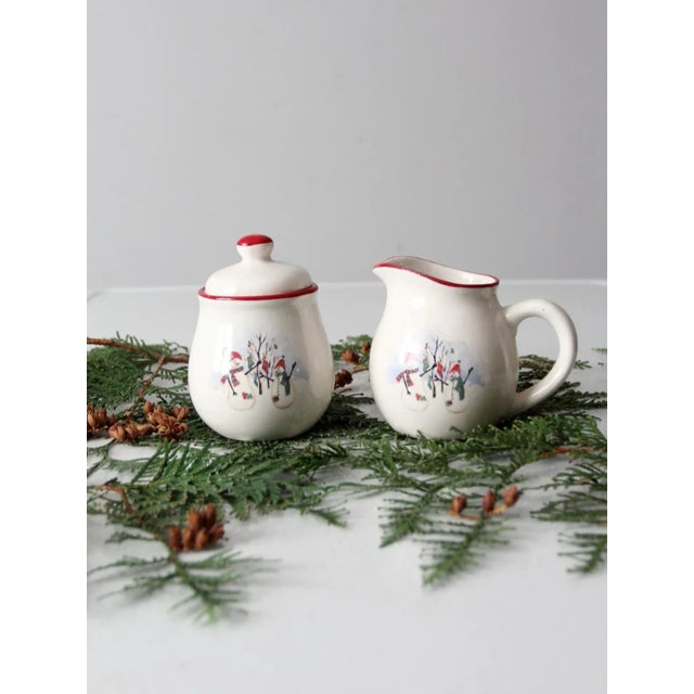 Complete your holiday table setting with this charming vintage Christmas snowman creamer and sugar bowl set by Royal...