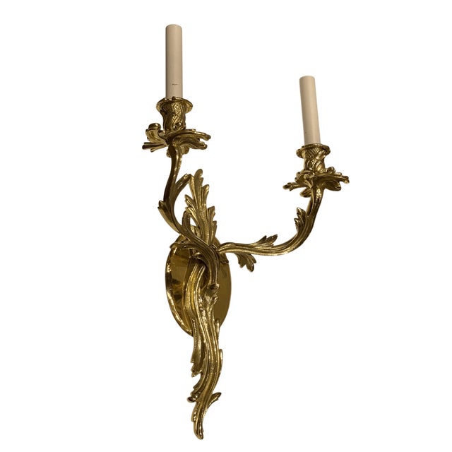 Traditional Antique French Empire Double-Arm Wall Sconce Solid Brass Acanthus Leaf For Sale - Image 3 of 6