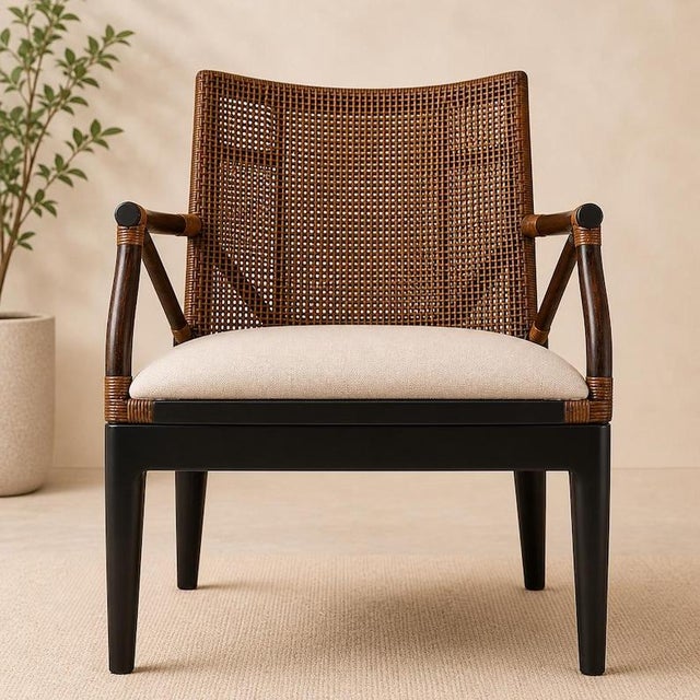 Rattan Arm Chair, Solid Mahogany Frame, Woven Backrest, Cotton Cushion, Tropical Accent Chair For Sale - Image 12 of 12