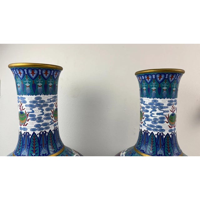 Monumental Pair of Chinese Cloisonne Enamel Blue and White Dragons Vases For Sale - Image 4 of 16