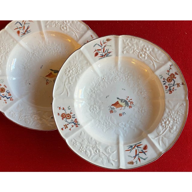 Pair antique 18th century George II Chelsea porcelain soup bowls decorated with two quails in the Kakiemon taste with...