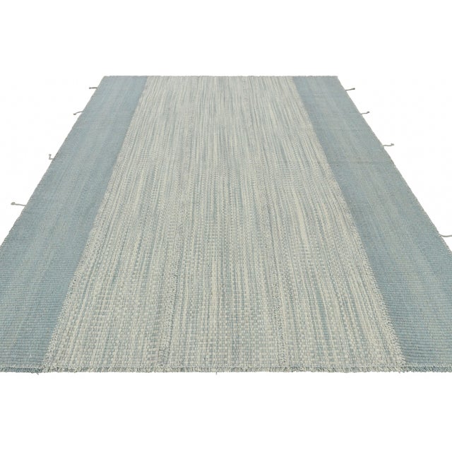 2010s Rug & Kilim’s Contemporary Kilim in Blue Textural Stripes, White and Gray Accent For Sale - Image 5 of 7