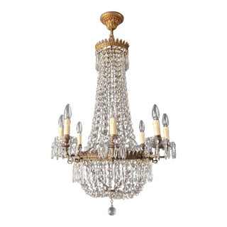 Late 19th Century Empire Brass Chandelier Crystal Lustre Ceiling Light For Sale