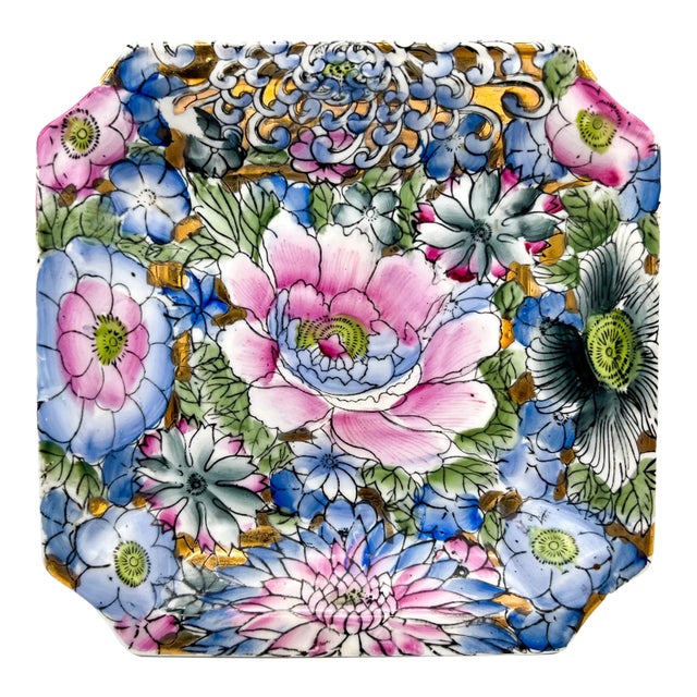 20th Century Chinoiserie Blue and Pink Floral Vide Poche/Catchall Dish For Sale
