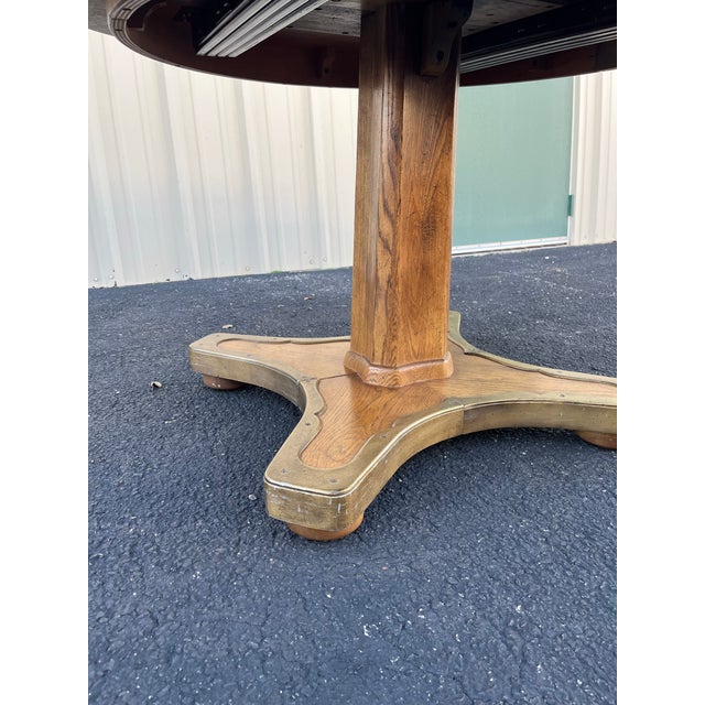 1960s 1960s Henredon Round Oak Pedestal Game Table With Brass Accents For Sale - Image 5 of 12