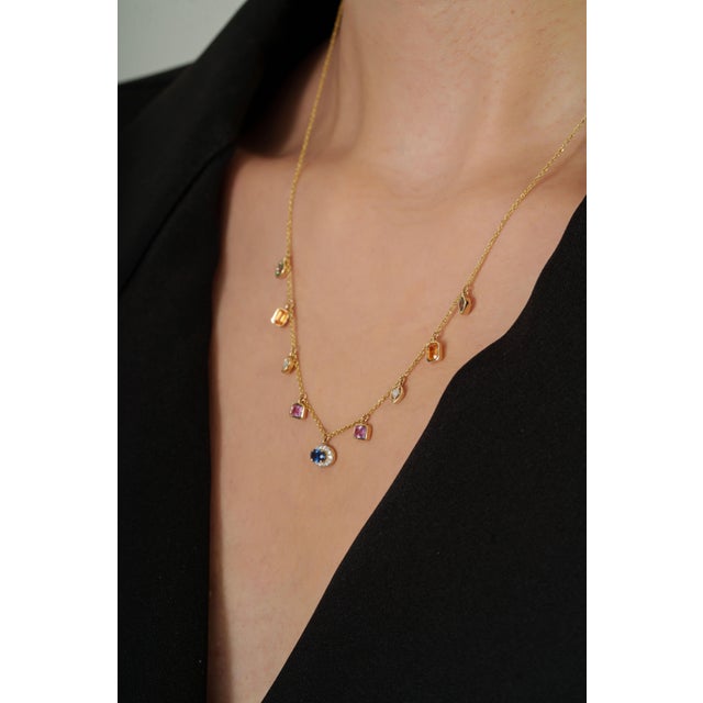 Modern 1.63ct Mixed Shape Rainbow Sapphire & Diamond Charm Necklace in 14k Yellow Gold For Sale - Image 3 of 14