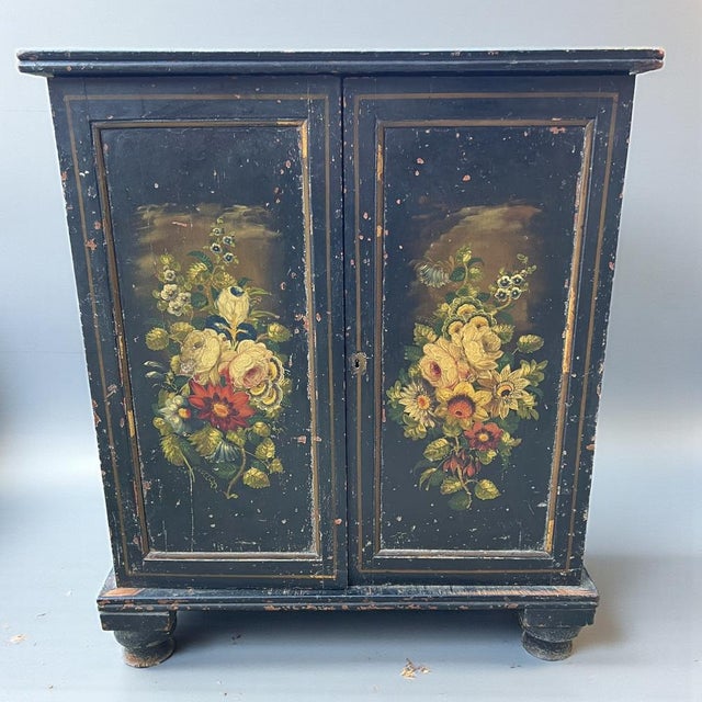 Wood Victorian Black Ebonised Pine Cabinet with Hand‑painted Floral Decoration For Sale - Image 7 of 7