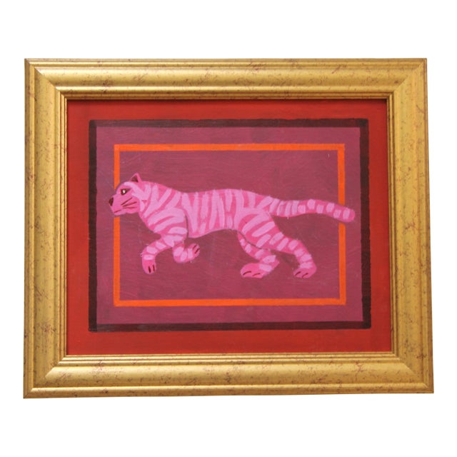 Tiger Minimalism Folk Art Pop Art Pink Raspberry Red Orange Burgundy Original Oil Painting by Clleo Plowdeneo Plowden For Sale