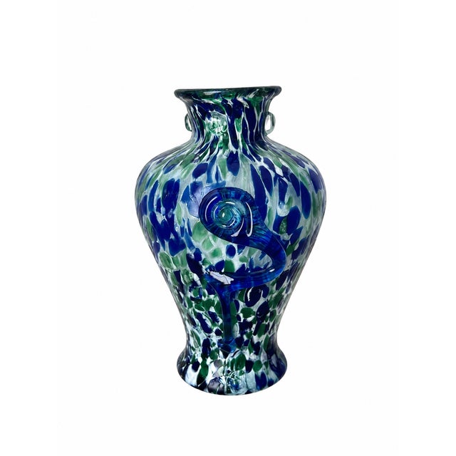 Blue and Green Spatter Art Glass Vase With Cobalt Scroll Handles For Sale - Image 14 of 15