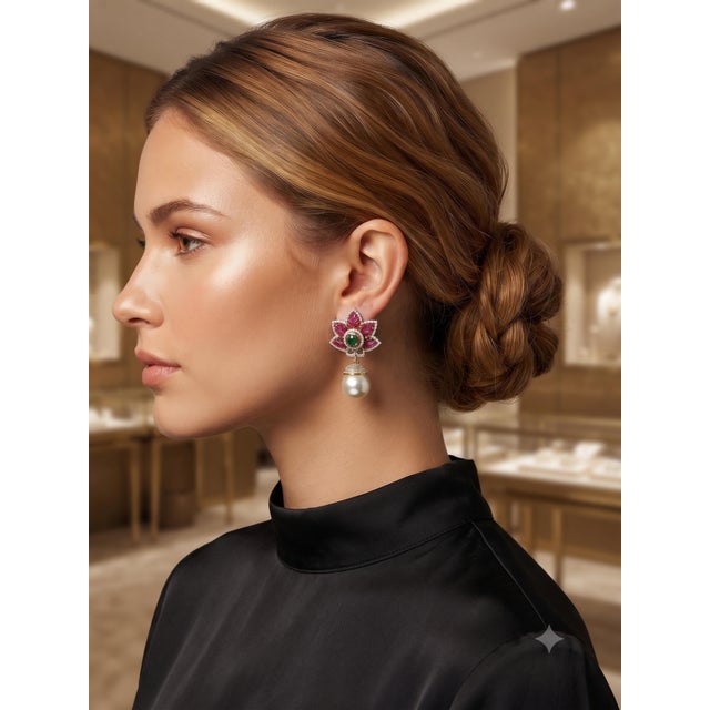 Emerald Natural Ruby, Emerald, Pearl, & Diamond Earring in 14k Gold For Sale - Image 8 of 8