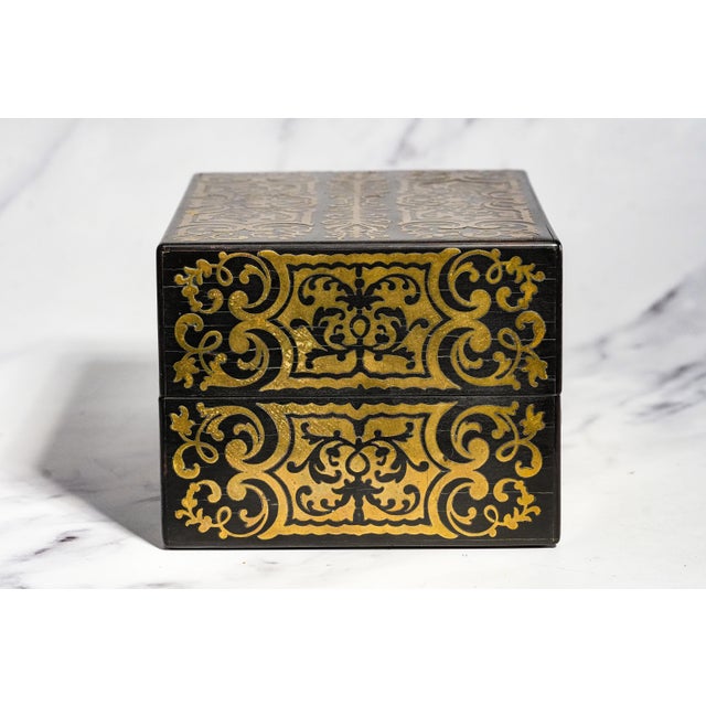 Stately Victorian Antique Ebonized Wood & Brass Boulle Inlaid Lady’s Dressing Box With Sterling Silver Crystal Bottles Home Decor For Sale - Image 15 of 18