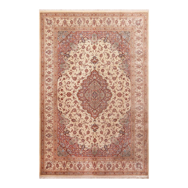 Nazmiyal Collection Floral Vintage Silk Persian Qum Medallion Rug For Sale