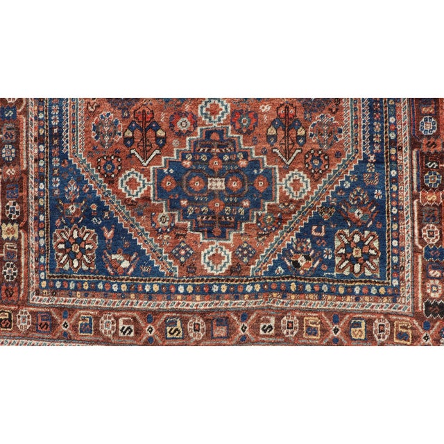 Antique Persian Shiraz Rug Tri-Medallion Geometrics in Rusty Orange and Blue** For Sale - Image 12 of 14
