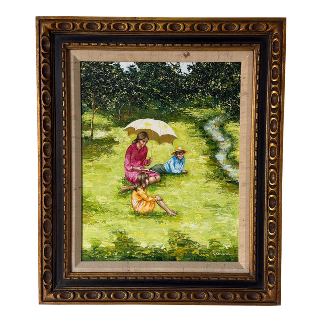 Vintage Karin “Picnic” Impressionist Oil on Canvas Painting – Framed For Sale