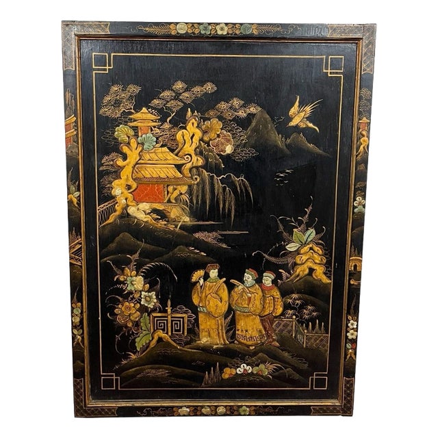 Antique Chinoiserie Black Lacquer Decorative Panel with Gilt Figures, 1950 For Sale