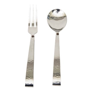 1990s Hand Hammered Silver Plated Looped Serving Pieces or Salad Servers With Brass Dot For Sale