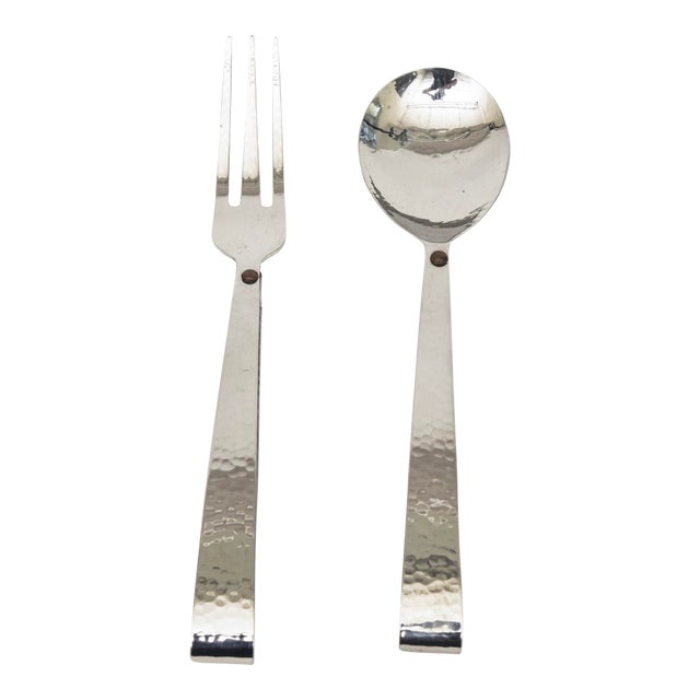 1990s Hand Hammered Silver Plated Looped Serving Pieces or Salad Servers With Brass Dot For Sale