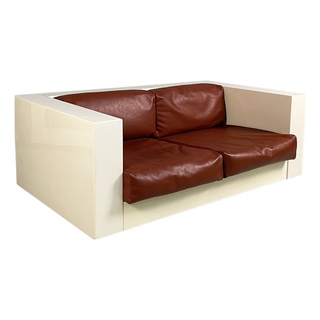 Italian White Wood and Brown Leather Sofa by Massimo and Lella Vignelli for Poltronova, 1980s For Sale