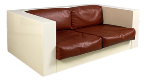 Italian White Wood and Brown Leather Sofa by Massimo and Lella Vignelli for Poltronova, 1980s