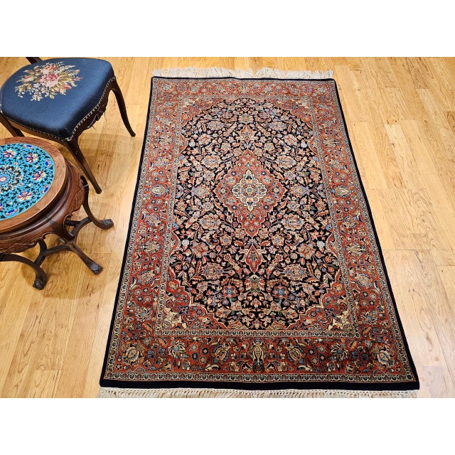 Vintage Kashan Rug, Hand-Knotted Wool & Cotton, Floral Pattern, Navy & Brick-Red, 4x6 For Sale In Chicago - Image 6 of 16