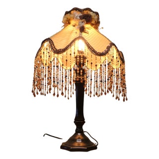 Tall Art Deco Bakelite Table Lamp with Beaded Shade, 1930 For Sale