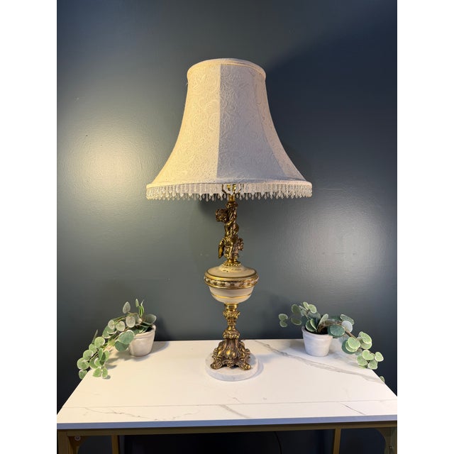 Vintage Hollywood Regency Cherub Putti Ivory & Gold Table Lamp - = Original Fringed Shade For Sale In Pittsburgh - Image 6 of 7