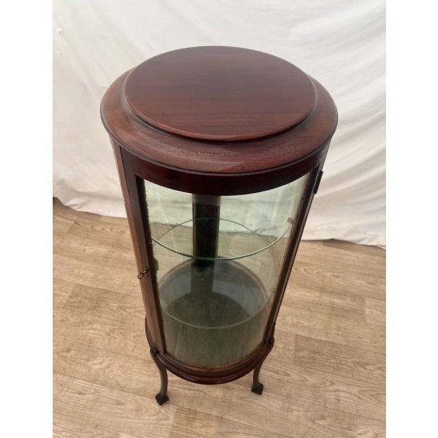 1920s Antique Corner China Cabinet Round Shape Curio Wavy Glass Two Shelves Mahogany For Sale - Image 5 of 15