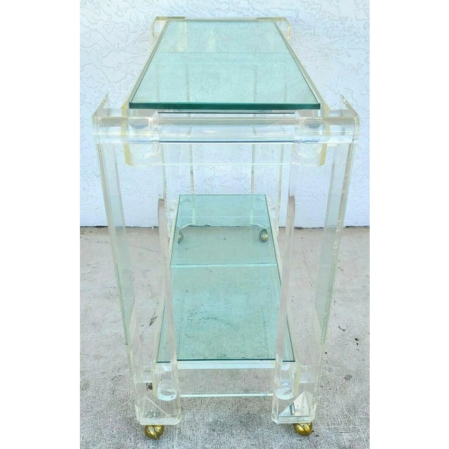 Transparent Vintage 1970s Lucite & Glass Rolling Bar Serving Cart For Sale - Image 8 of 12