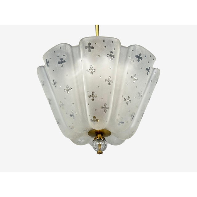 1940s Nils Landberg, Rare Chandelier, Etched Glass, Brass, Sweden, 1940s For Sale - Image 5 of 13