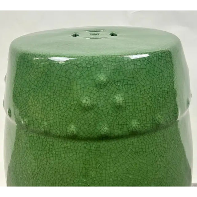 Chinese Vintage Chinoiserie Emerald Green Glazed Ceramic Drum Garden Stool or Pedestal For Sale - Image 3 of 11
