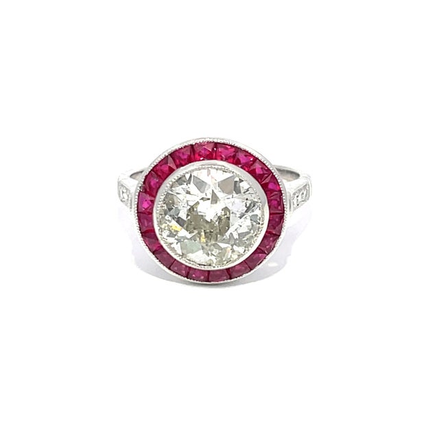 Vintage Platinum 3.17cts Old Euro Cut Diamond and 1.19cts Ruby Halo Ring, Size 6.5 For Sale - Image 10 of 11