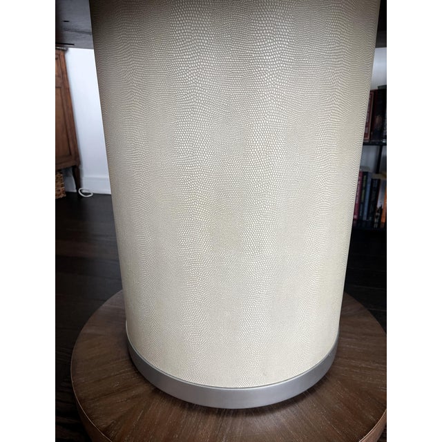 Theodore Alexander Sabon Dining Table II Mangrove Primavera Veneered Circular Top Overcast Komodo Embossed Leather Column...