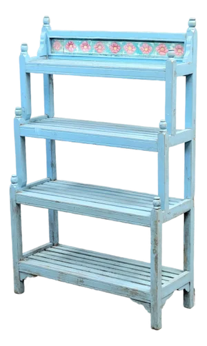 Vintage Indian Painted Bookshelf With Floral Tile