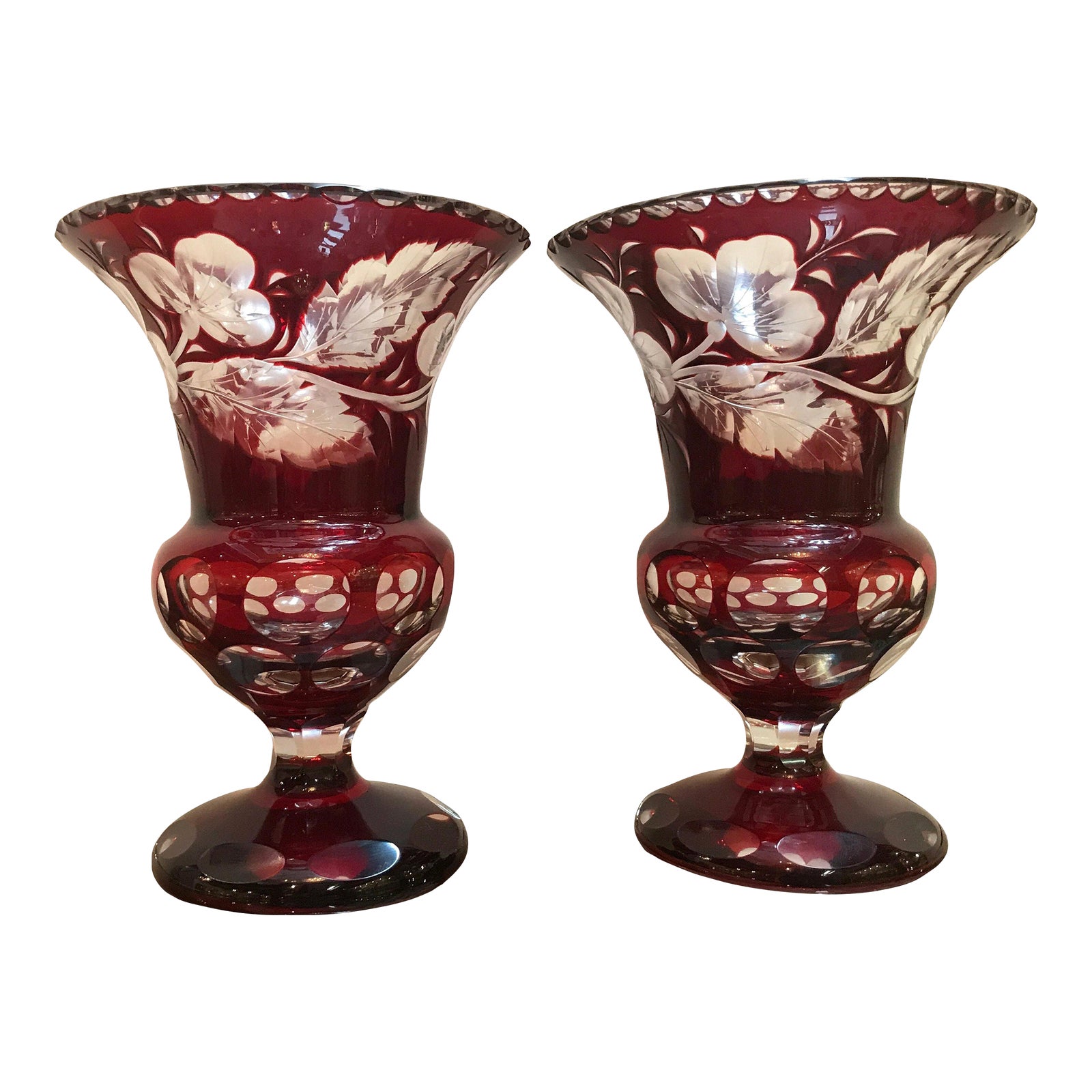 Pair of Antique Ruby Intaglio Cut to Clear Glass Campana Mantle Urns ...