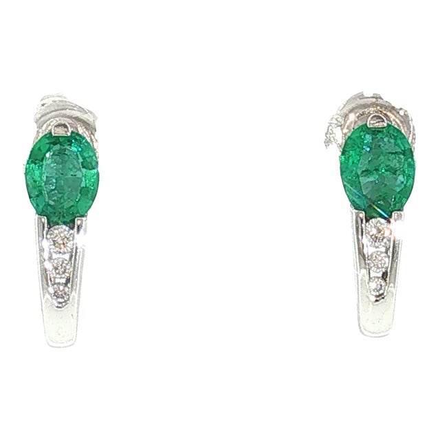 Late 20th Century 14k White Gold Emerald and Diamond J Shaped Hoop Earrings, A Pair For Sale