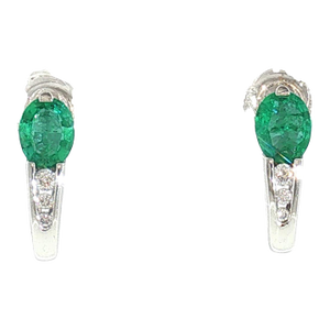 Late 20th Century 14k White Gold Emerald and Diamond J Shaped Hoop Earrings, A Pair