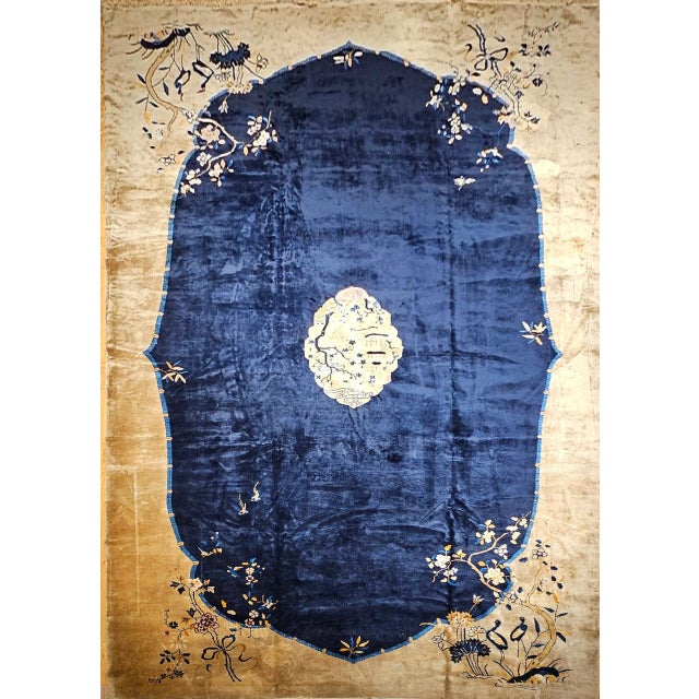 Antique Art Deco Chinese Oversized Rug, Handwoven Wool, Cranes & Butterflies Design, Navy & Tan, 14' X 19' For Sale - Image 10 of 17