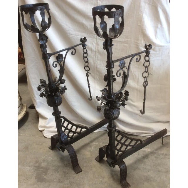 Metal Wrought Iron Andirons With Swing Arms for Cooking - A Pair For Sale - Image 7 of 9