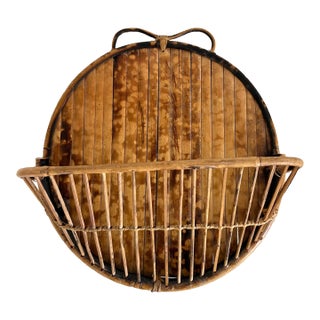 Vintage Burnt Tortoise Rattan Round Wall Shelf For Sale