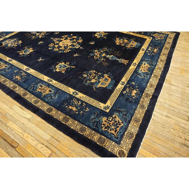 Chinese 1900s Antique Navy Blue Vase Shou Symbols Traditional Chinese Peking Knotted Rug For Sale - Image 3 of 10