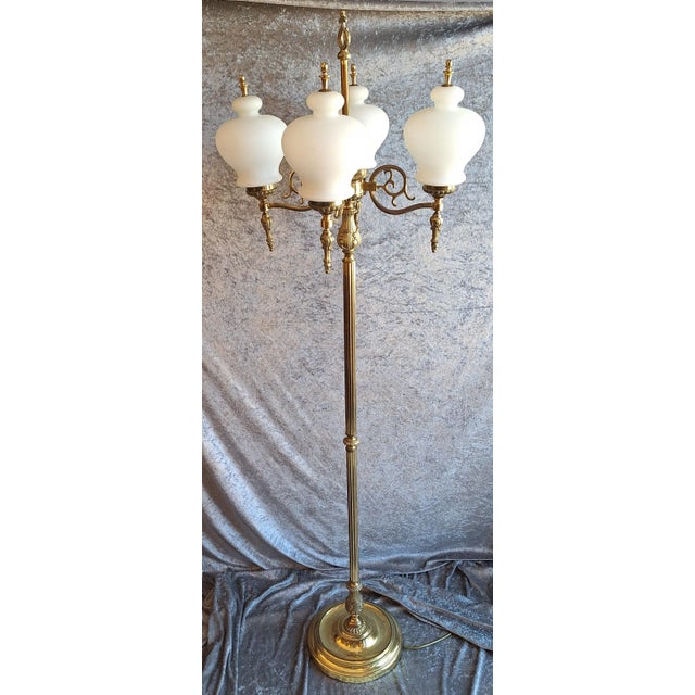 Vintage Floor Lamp with Decorated Brass Frame and Four Opaque White Glass Shades, 1970s For Sale - Image 6 of 8