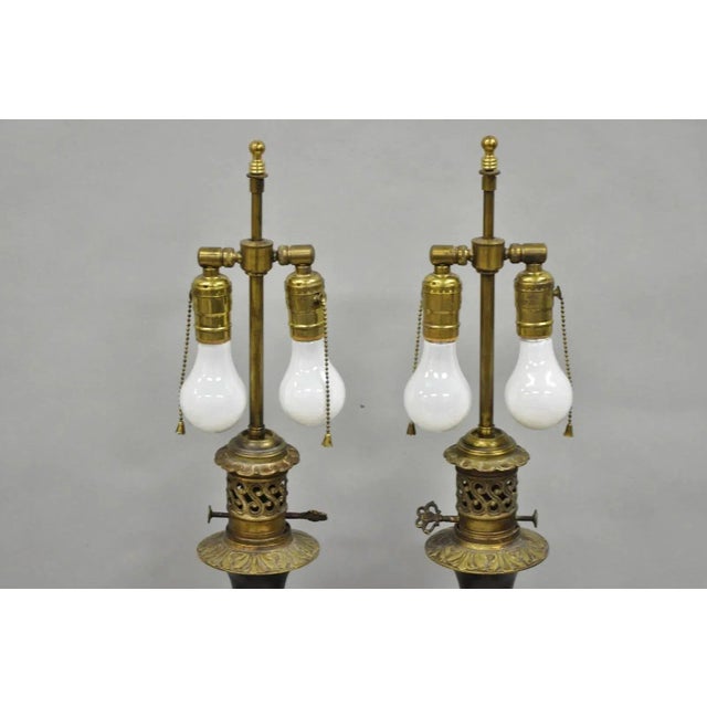 Antique French Neoclassical Bronze & Black Porcelain Painted Table Lamps - Pair For Sale - Image 14 of 15