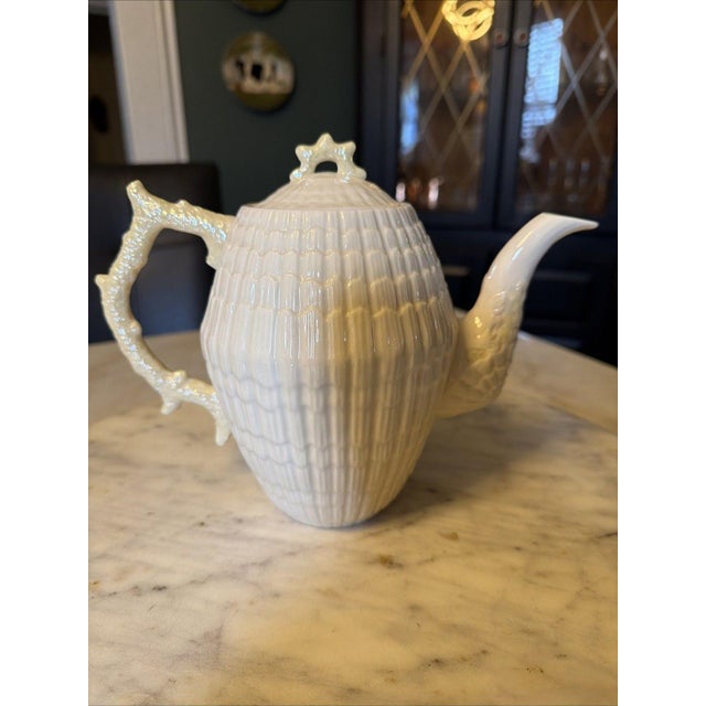 Ceramic Vintage 1940s Belleek Limpet Teapot Yellow Luster 1st Green Mark Fine Irish Porcelain For Sale - Image 7 of 13