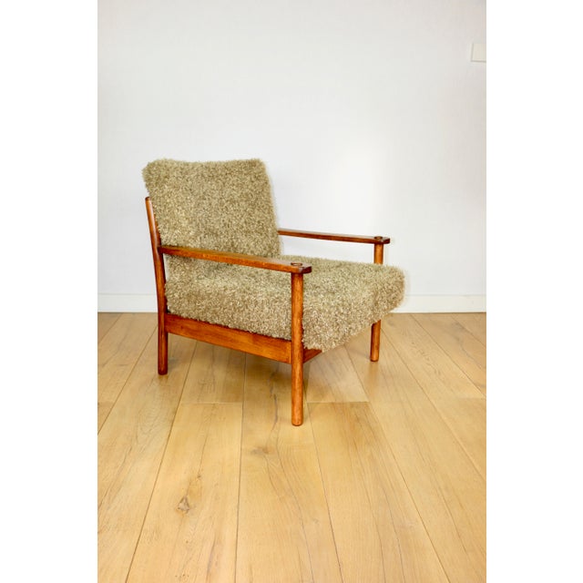 Vintage Wood Lounge Chair with Olive Green Long Pile Upholstery, 1970 For Sale - Image 10 of 13