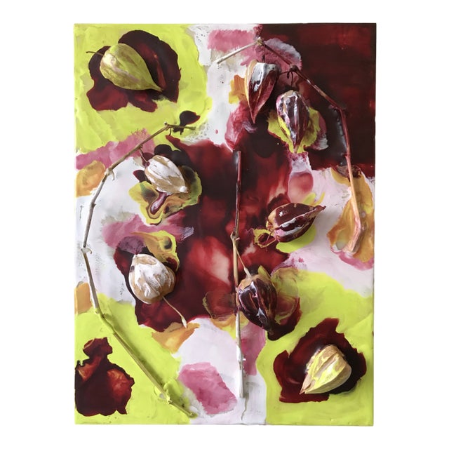 "Chinese Lanterns" Contemporary Abstract Botanical Mixed-Media Painting For Sale