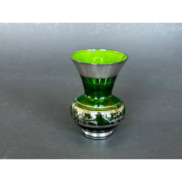 Art Nouveau Vintage Green Glass Vase With Silver Overlay For Sale - Image 3 of 11